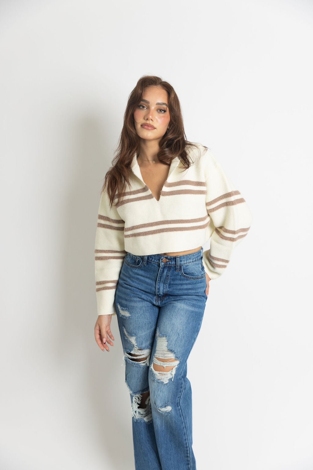 Ivory Taupe Striped Collar Sweater