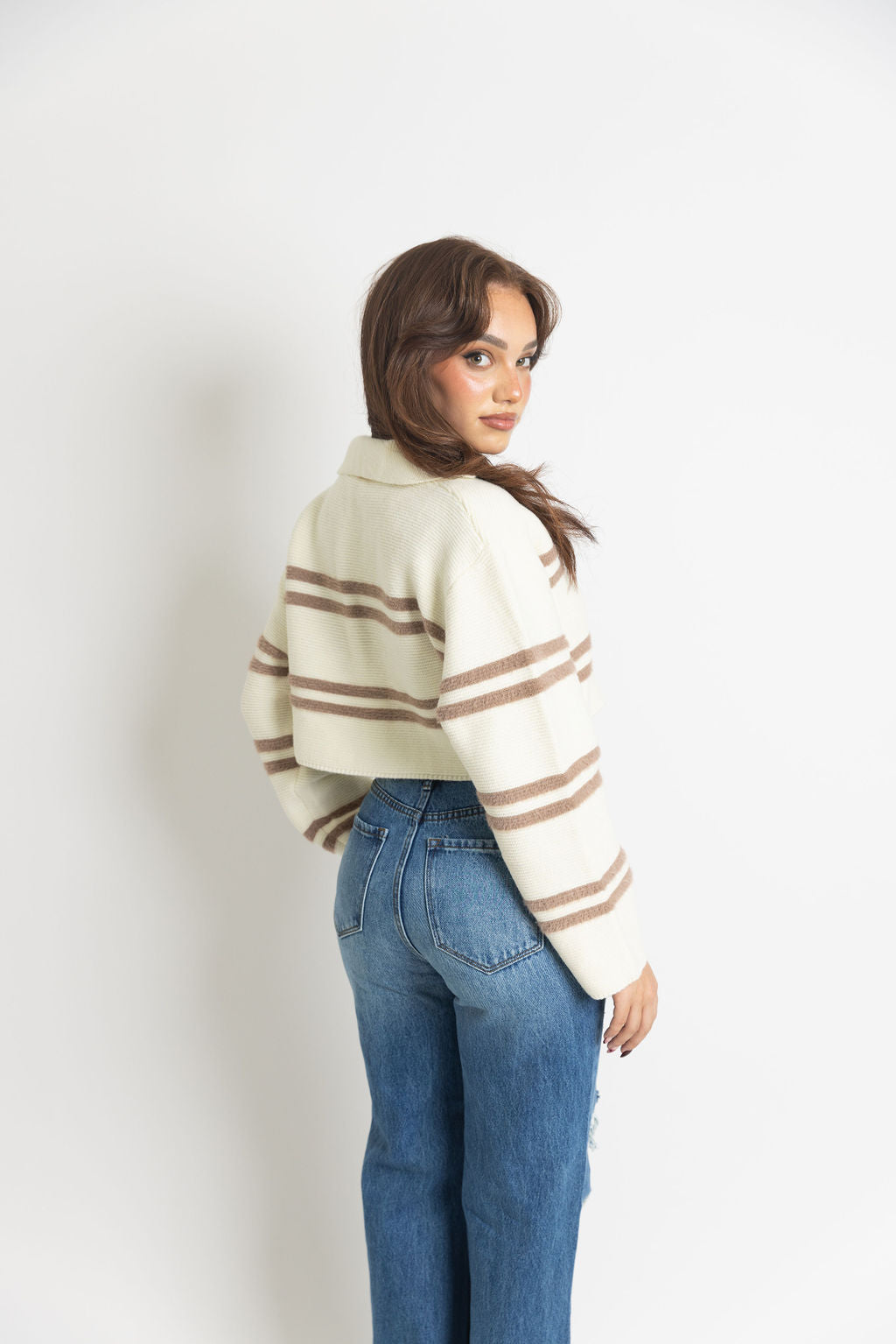 Ivory Taupe Striped Collar Sweater