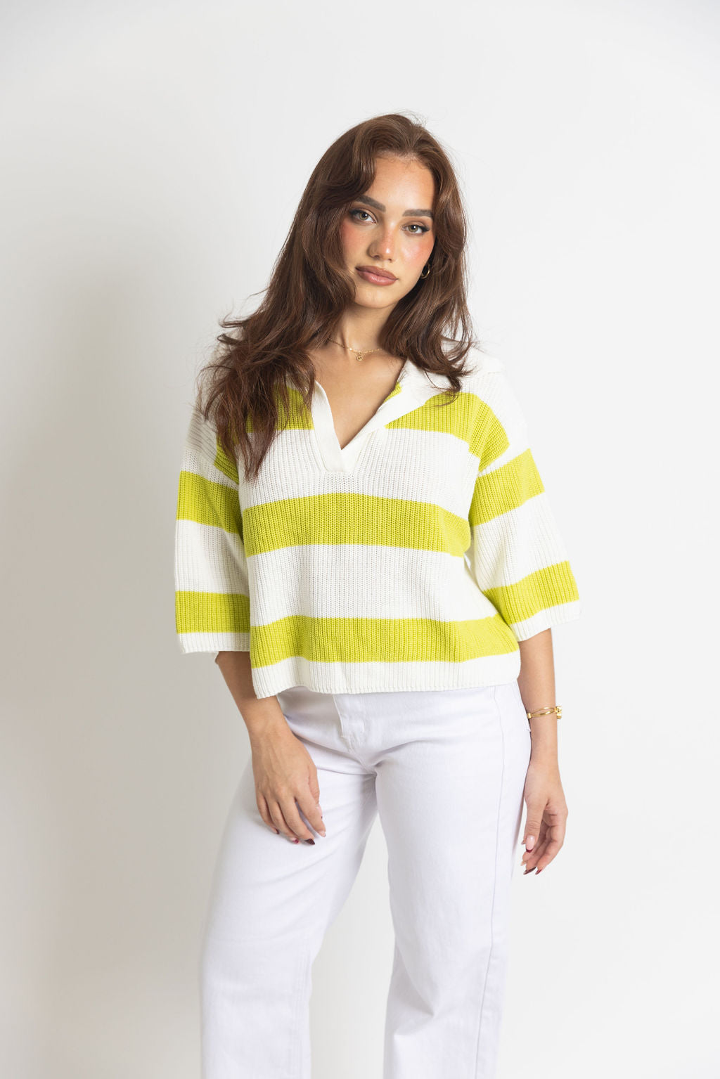 Ivory & Lime Striped Collared Sweater