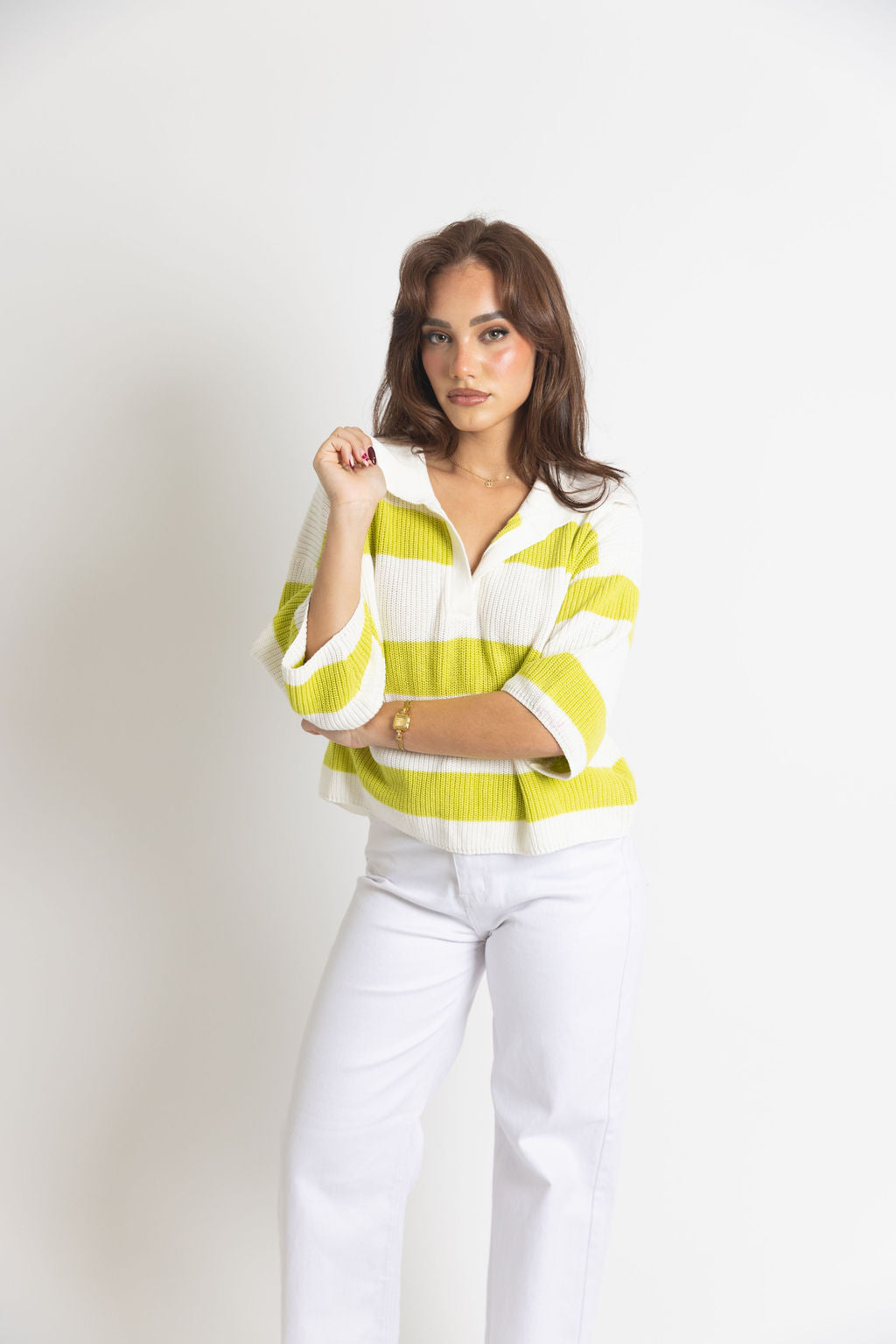 Ivory & Lime Striped Collared Sweater