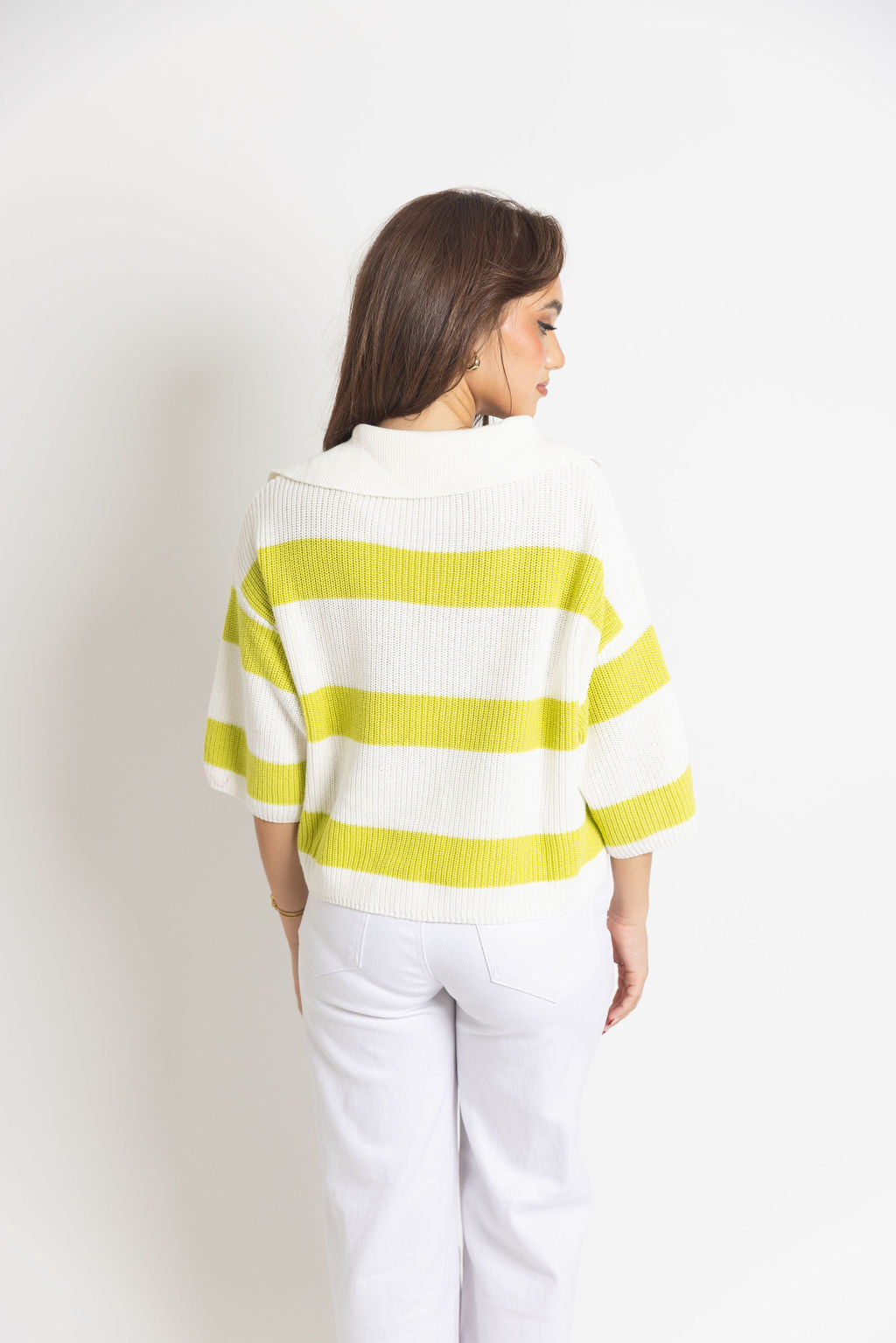 Ivory & Lime Striped Collared Sweater